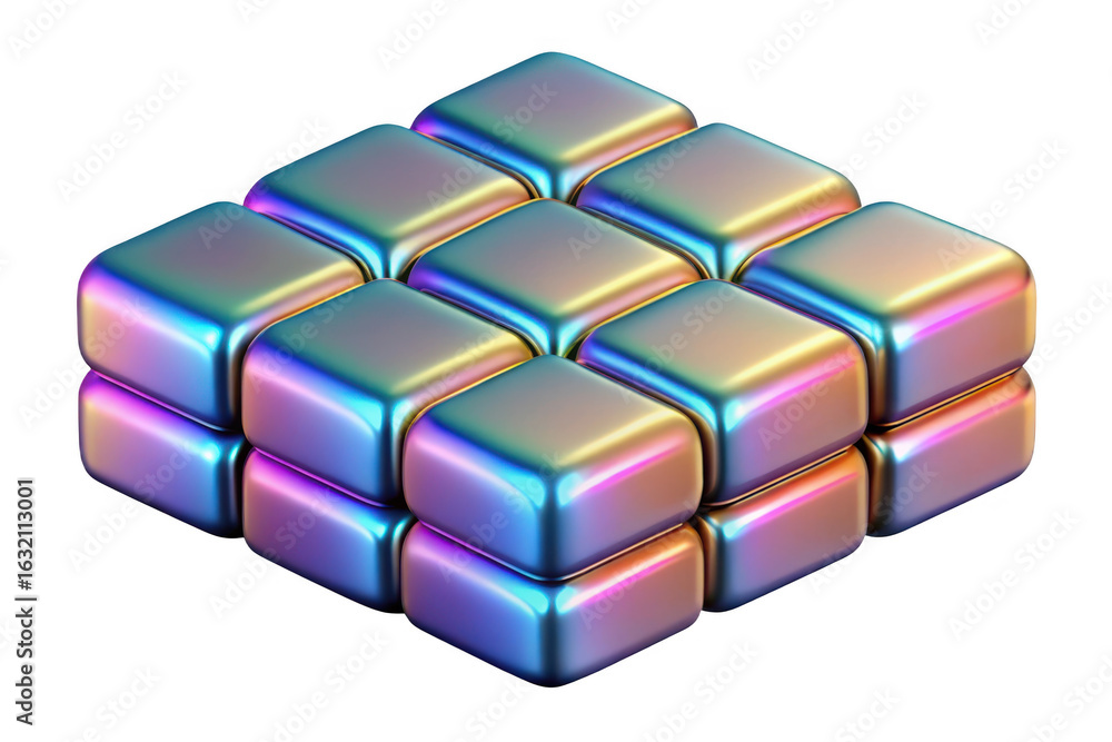 Poster 3d iridescent cubes stacked abstract geometric shape isolated on transparent background