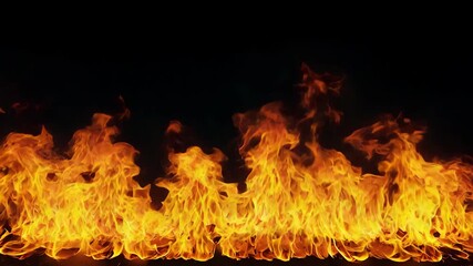A realistic wall of intense burning fire with hot orange flames isolated on a black background