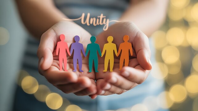 Embracing Unity: A tender embrace of diversity. Two hands cradling a vibrant representation of people, symbolizing inclusivity, community, and togetherness. The soft focus of lights.
