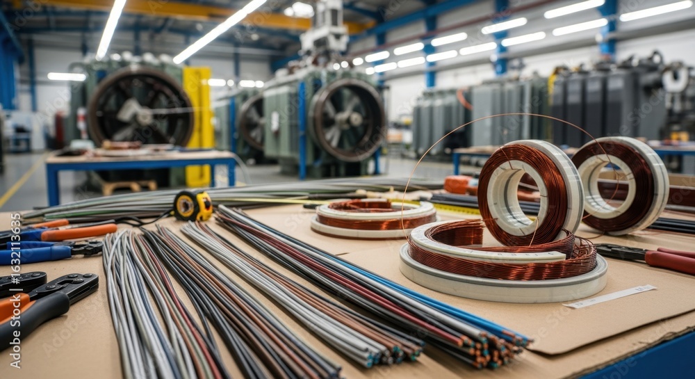Poster array of insulated wire bundles and prepared coil segments at a workbench within an ultrahighvoltage
