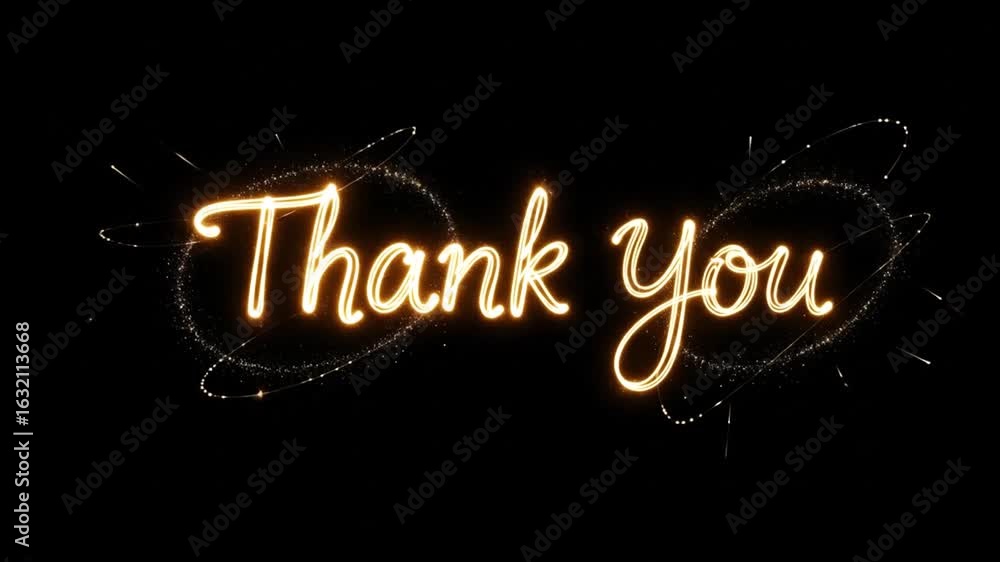 Poster elegant glowing thank you animation with sparkling particle trails on a black background