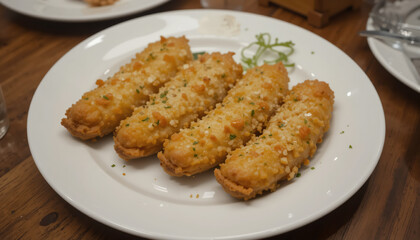 Delicious fried bananas topped with cheese on a plate. 