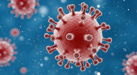 Hyperrealistic 3D Close-Up of COVID-19 Virus in Microphotography Style with Spike Proteins and Cinematic Lighting in a Scientific Fluid Background