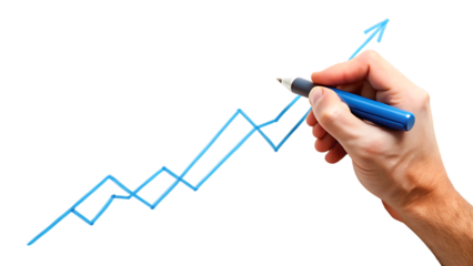 Hand drawing an upward-trending zigzag line graph, symbolizing growth and success, on a white background