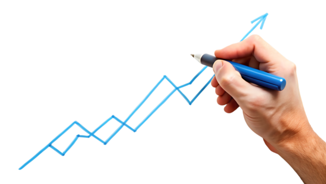 Hand drawing an upward-trending zigzag line graph, symbolizing growth and success, on a white background
