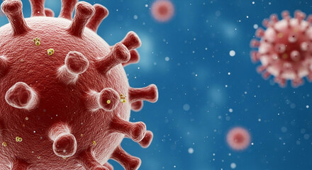Hyperrealistic 3D Close-Up of COVID-19 Virus in Microphotography Style with Spike Proteins and Cinematic Lighting in a Scientific Fluid Background