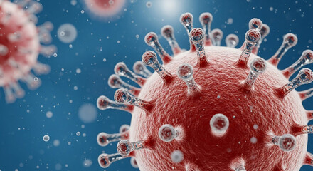 Hyperrealistic 3D Close-Up of COVID-19 Virus in Microphotography Style with Spike Proteins and Cinematic Lighting in a Scientific Fluid Background
