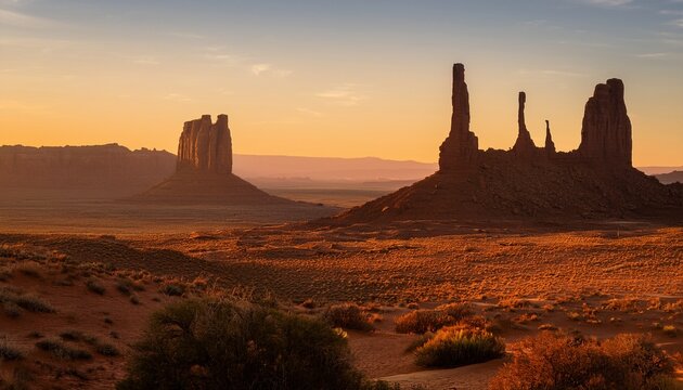 tall rock pillars rise dramatically in a vast desert bathed in rich red and orange hues as the sun sets behind distant mountains unique shadow patterns add depth to the scene