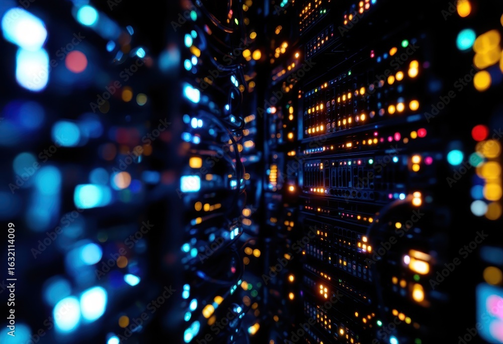 Poster illuminated server racks in a data center.