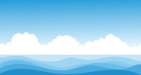 Minimal light blue ocean with fluffy clouds in the sky. A tranquil and clean coastal view.