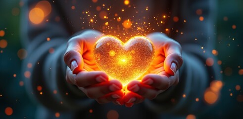 Hands holding a glowing heart of light, symbolizing love, passion, and hope