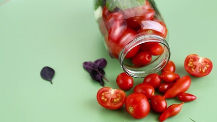 Traditional home canning of tomatoes with aromatic dill and garlic