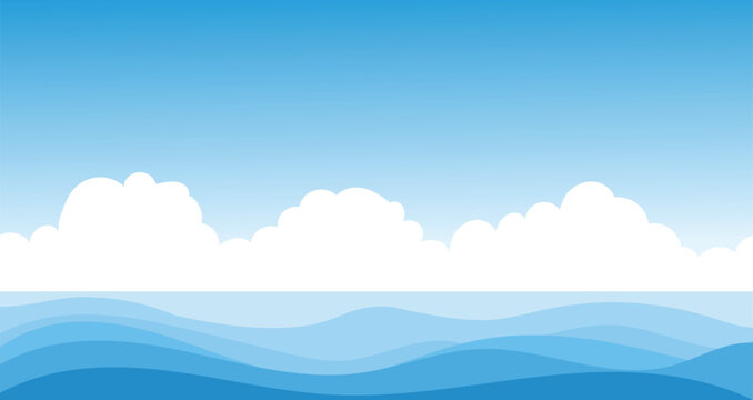 Minimal light blue ocean with fluffy clouds in the sky. A tranquil and clean coastal view.