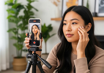 Asian woman filming skincare routine at home with smartphone on tripod