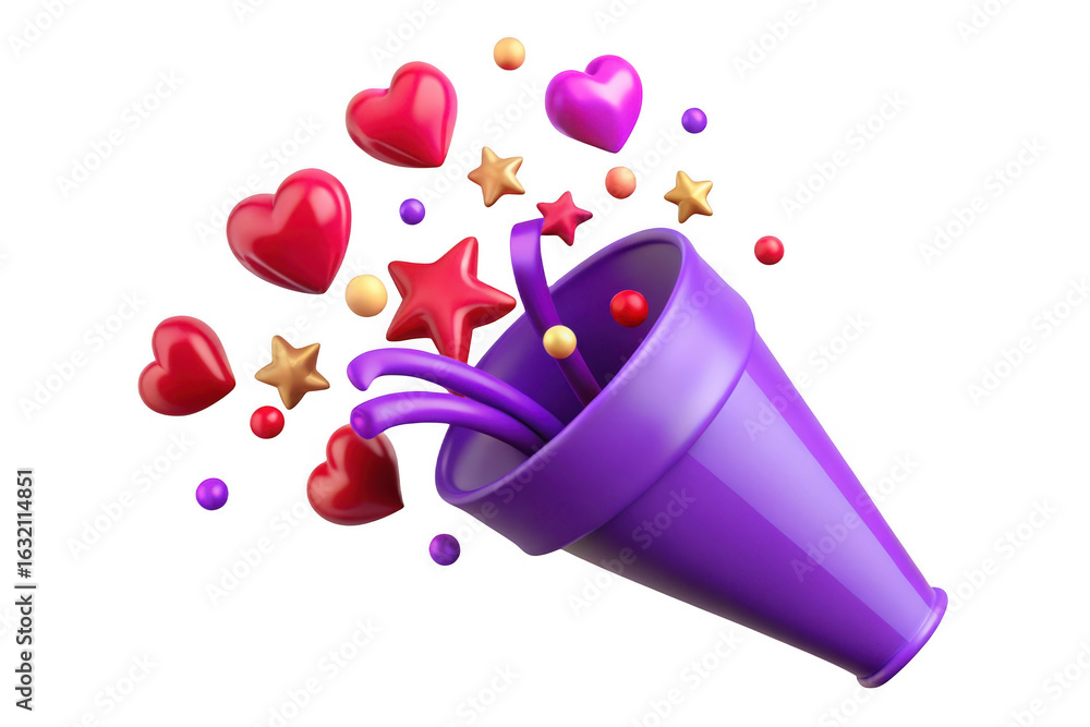 Poster 3d confetti popper exploding hearts and stars isolated on transparent background