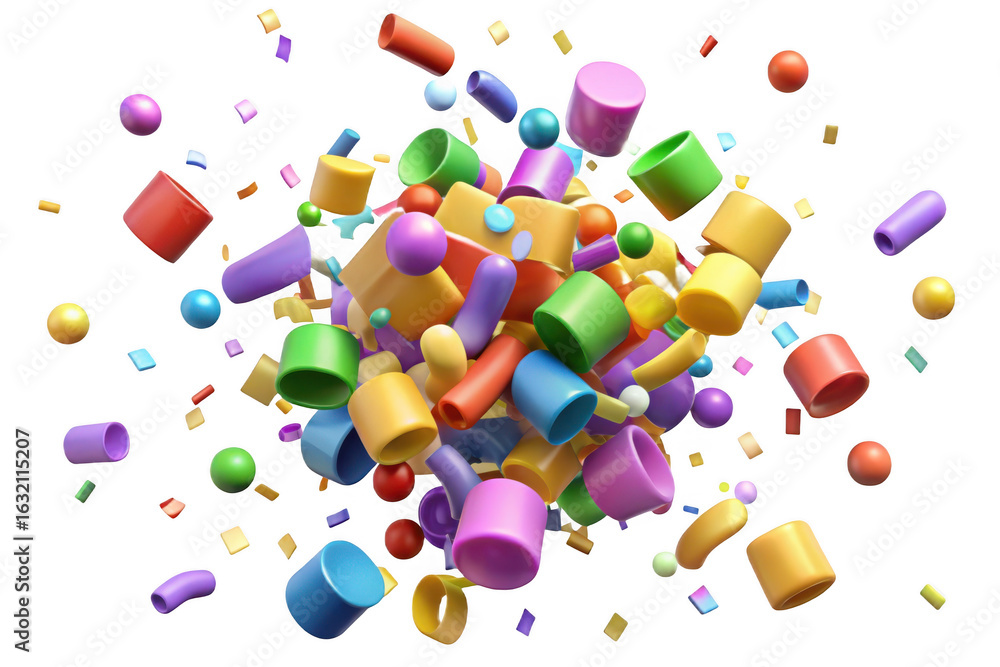 Poster 3d abstract explosion of colorful geometric shapes isolated on transparent background