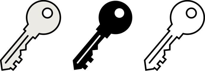Three stylized keys in different shades: grey, black, and outline. Simple yet iconic symbols of security.