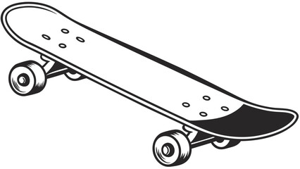 Black and White Skateboard Illustration with Wheels and Deck.