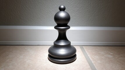Close-up View of a Glossy Black Chess Pawn Piece on a Light Tile Surface with Shadows and Highlights Captured in Soft Natural Light