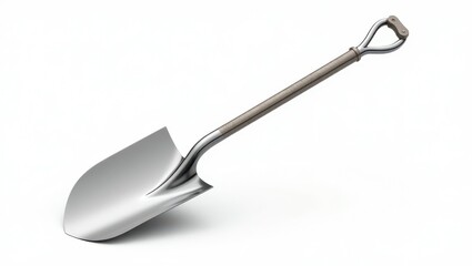 A metal shovel with a wooden handle against a white background.