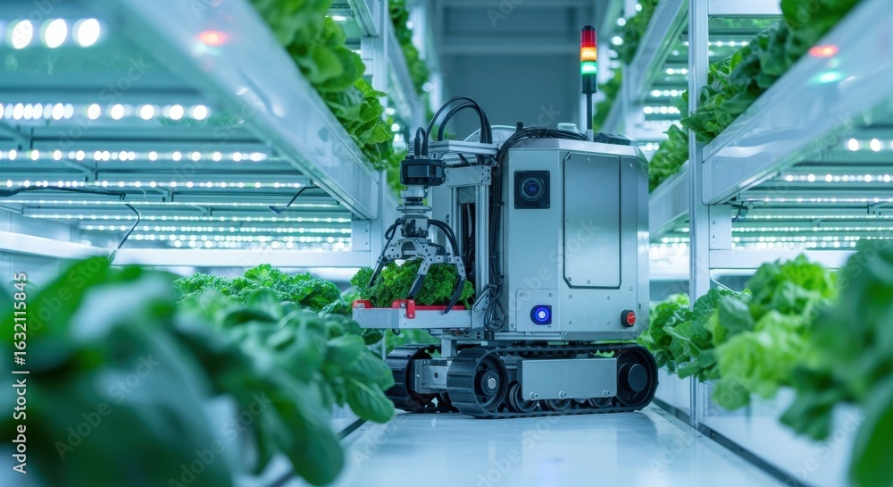 Poster agile harvesting robot moving on tracks amidst vertical layers of fresh produce under stable artific