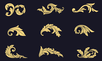Set golden luxury baroque scroll swirls ornamental Vintage victorian decorative border frame elements. Gold arabesque flourish filigree engraved collection vector design illustration. Elegant art deco