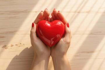 Hands gently holding a red heart shape symbolizing love and care on wood