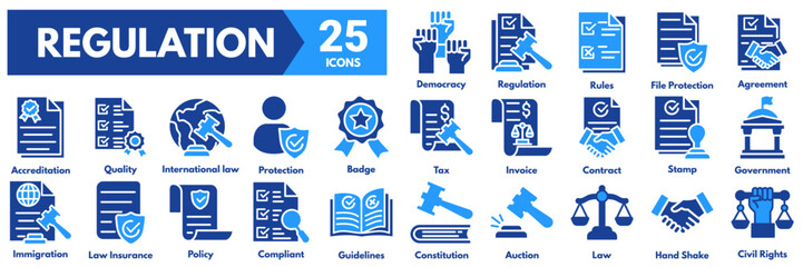 Regulation icon collection set vector illustration concept with icon of Constitution,Auction,Law,Hand Shake,Civil Rights,Democracy,Regulation,Rules,File Protection,Agreement,Accreditation,Quality 