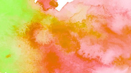 Fototapeta premium Abstract watercolor painting with vibrant green, orange, and pink hues. The image features a textured, blurred effect, resembling a colorful cloud or organic shape