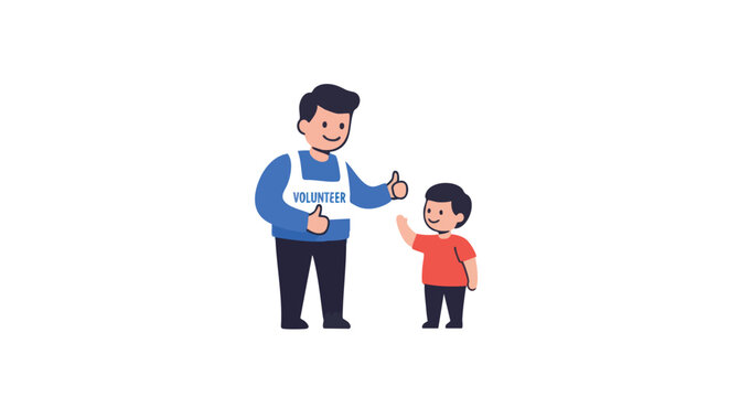 Illustration Vector of Volunteer Man Giving Thumbs Up with Boy Waving Hand for Charity Work Modern Design