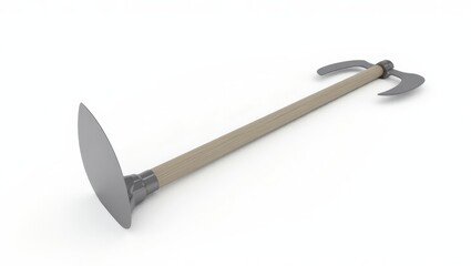Double-bladed axe with wooden handle.