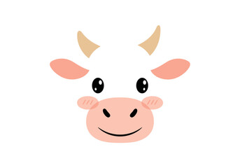 Fototapeta premium Adorable cartoon cow face with big eyes and pink cheeks funny farm animal illustration