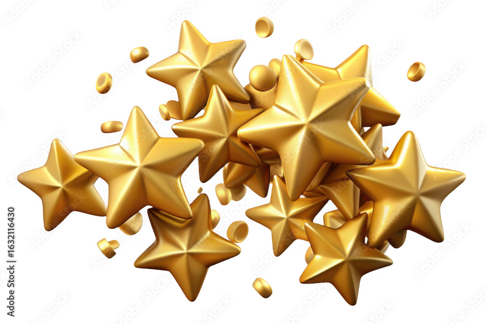 Poster 3d golden stars cluster with confetti isolated on transparent background