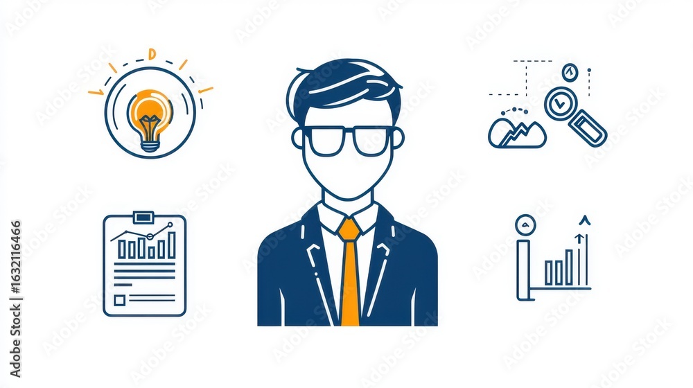 Poster confident businessman in suit and tie examining charts and graphs planning and strategizing for busi