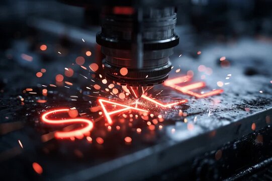 Laser Cutting Sale Metal. Close-up of laser cutting 'SALE' into metal. Ideal for technology, manufacturing, and sales promotions.