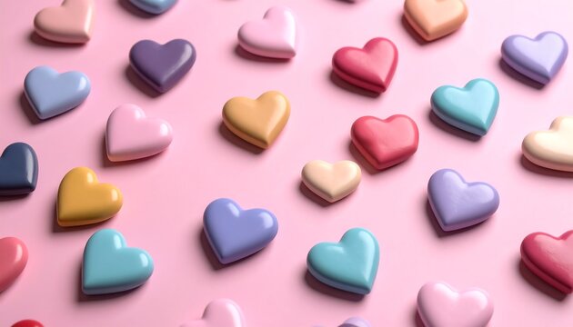 Colorful heart-shaped objects on pink background