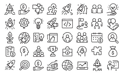Business and startup concept line icons set rocket