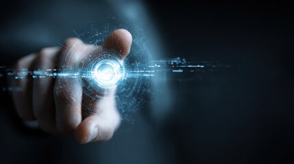A finger touching a glowing futuristic interface with digital elements on a dark background