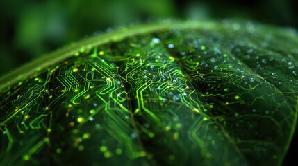 Glowing circuit patterns on green leaf with water droplets, futuristic nature-tech fusion for sustainability ads, green tech startups, digital art

