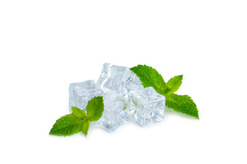 Mint and ice isolated on white background. Green fresh mint and ice cube. Mint leaves, ice cube and...