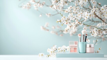 Makeup essentials display amid cherry blossoms beauty counter photography springtime close-up aesthetic appeal