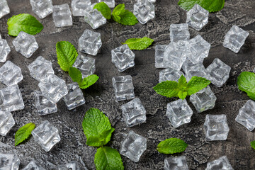 Mint and ice on texture background. Green fresh mint and ice cube. Mint leaves, ice cube and water...
