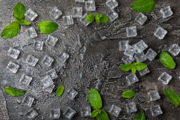 Mint and ice on texture background. Green fresh mint and ice cube. Mint leaves, ice cube and water...