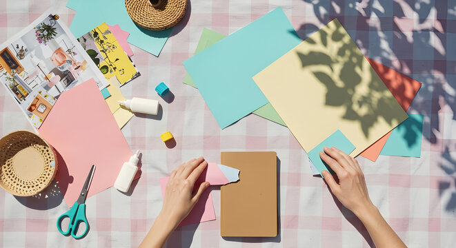 Hands crafting with colorful paper, scissors, and glue on a table, creative DIY project
