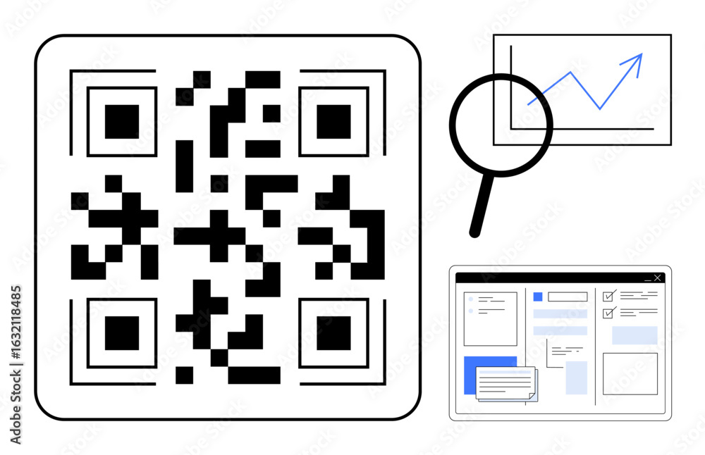 Poster qr code, magnifier over chart with rising trendline, digital window with forms. ideal for technology