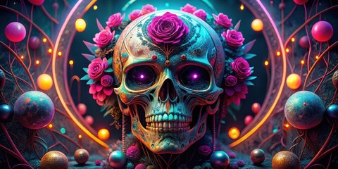 Ornate Skull Adorned with Vibrant Roses in a Surreal, Neon-Lit Setting