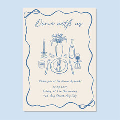 Hand drawn dinner invitation template. Vector illustration blue hand drawn dinner invitation with table settings and ribbon frame