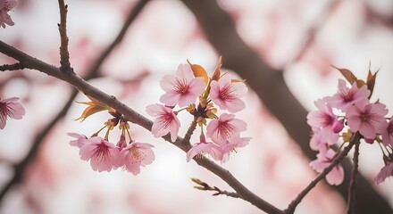 Obraz premium Delicate pink blossoms on a branch.
