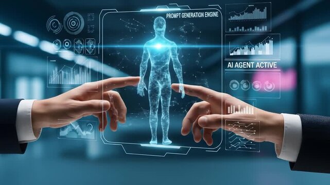 Futuristic interface with humanlike hologram and data visualizations