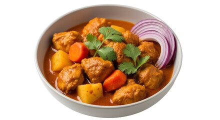 Savor this delicious chicken curry dish with tender meat, potatoes, carrots, and fresh cilantro, perfect for culinary content.